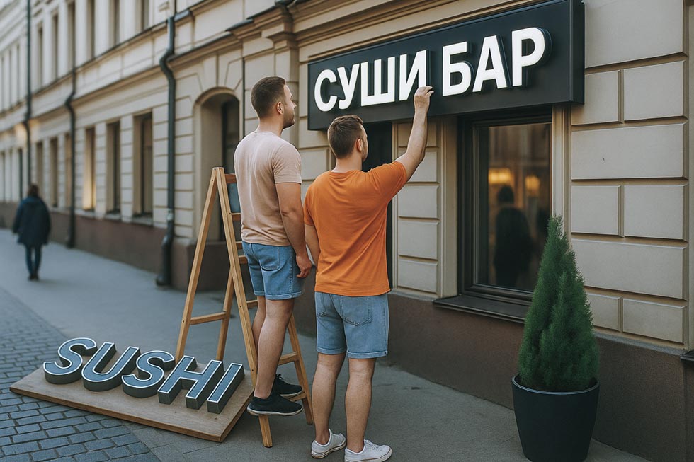 Услуга по замене иностранных вывесок на русские в 2025-2026 г. Заменим вывеску под ключ - демонтаж, дизайн, производство и монтаж.