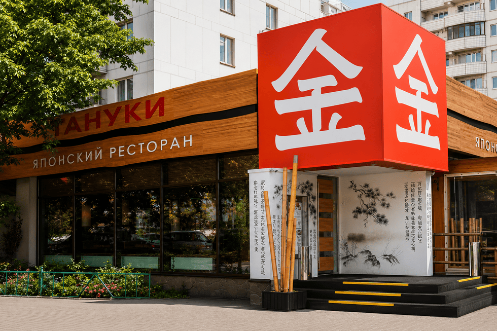 Большая фасадная вывеска для ресторана: как сочетать вывеску, входную группу и фирменный стиль