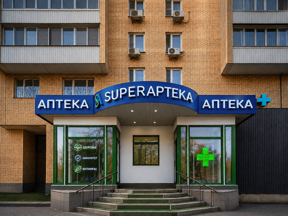 Как сделать фасад аптеки заметным: вывеска, козырёк, аптечные кресты и витрины — от дизайна до монтажа
