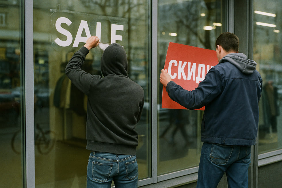 Сотрудники магазина заменяют надпись SALES на РАСПРОДАЖА согласно требованиям к вывескам 2026